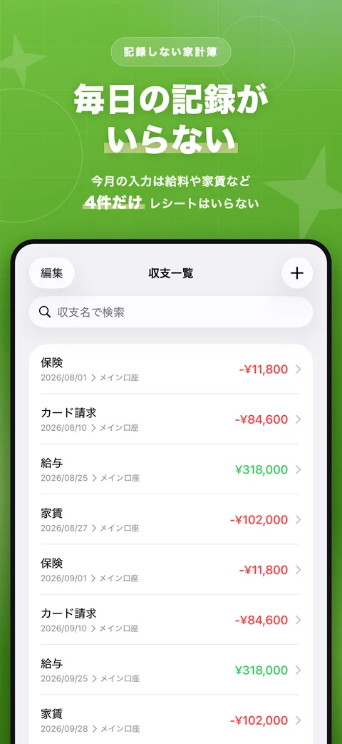 毎日の記録がいらない収支一覧の画面